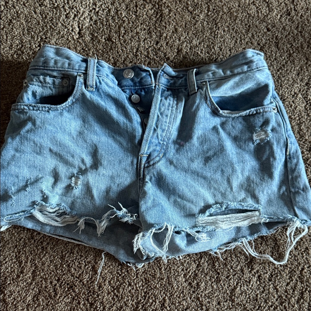 Free People Light Blue Distressed Jean Shorts